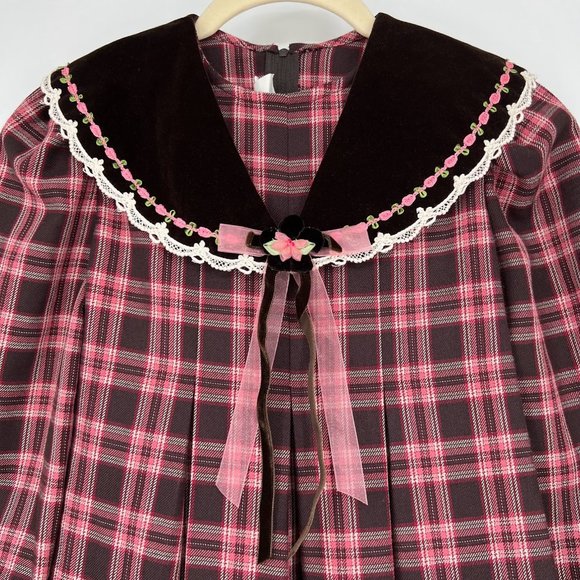 Vintage‎ Bonnie Jean Girls Size 6X Plaid Velvet Collar Dress Pink Brown Pleated - Picture 3 of 8